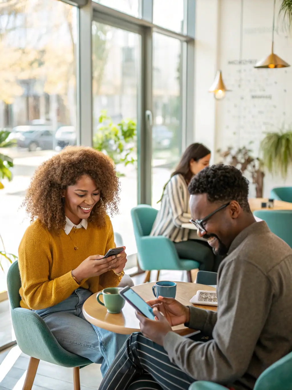 An image of a diverse group of customers happily interacting with a chatbot on various devices, illustrating improved customer engagement through AI.