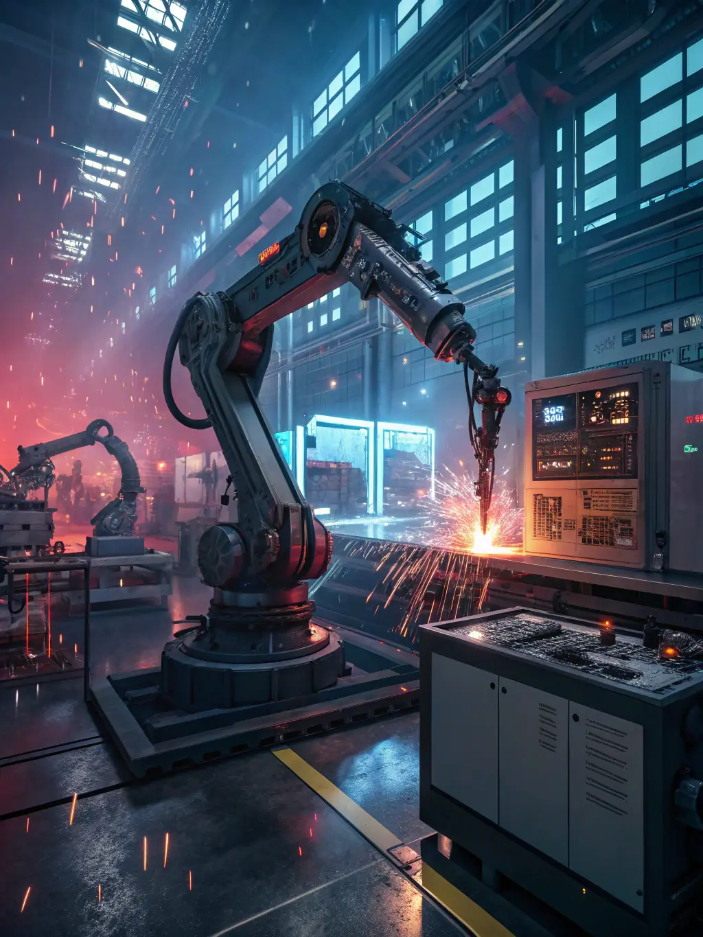 A digital illustration depicting a robot arm efficiently assembling products on a factory line, symbolizing increased efficiency through AI automation.